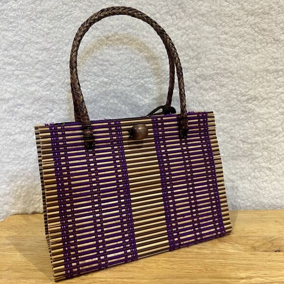 Rattan Woven Purple  Purse Handbag w/ Handmade Beaded Closure & Braided Handles - Picture 15 of 16
